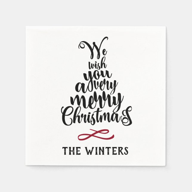 Serviette En Papier Noir & Rouge Arbre de Noël Lettres vacances (Devant)