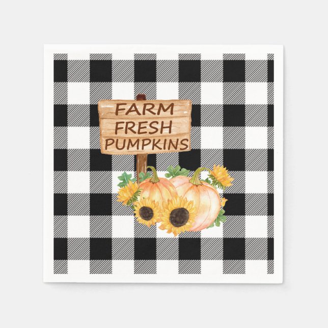 Serviette En Papier Noir rustique et blanc plaid avec Citrouilles auto (Devant)