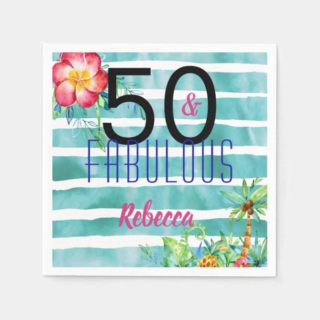 Serviette En Papier Nom 50 et fabuleux Tropical Floral 50e anniversair (Devant)