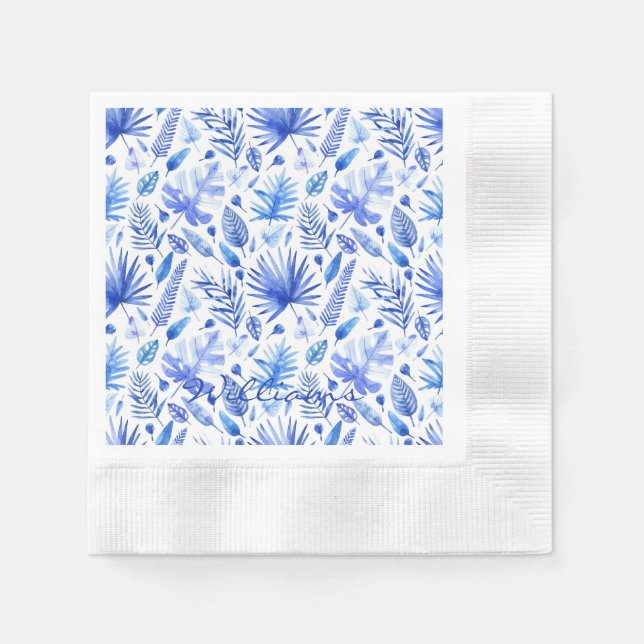 Serviette En Papier Nom Cobalt Bleu Tropical Feuilles Cocktail Coin (Devant)