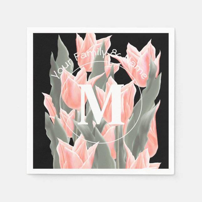 Serviette En Papier Nom de famille élégant Monogramme Peach Tulips Pei (Devant)
