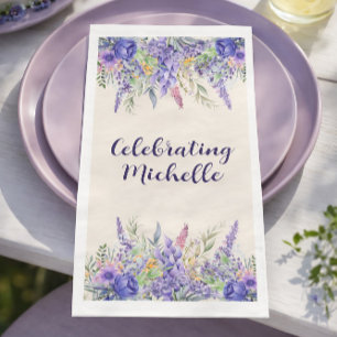Serviette En Papier Nom de fête de jardin floral lavande pourpre