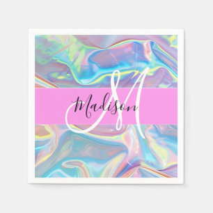 Serviette En Papier Nom de monogramme holographique iridescent rose fé