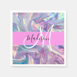 Serviette En Papier Nom de monogramme holographique iridescent rose fé