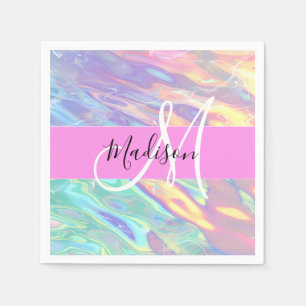 Serviette En Papier Nom de monogramme holographique iridescent rose fé
