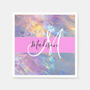 Serviette En Papier Nom de monogramme holographique iridescent rose fé