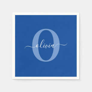 Serviette En Papier Nom de script de monogramme personnalisé bleu blan