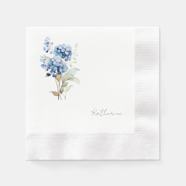 Serviette En Papier Nom de script moderne Blue Hydrangea Fête des mari (Devant)