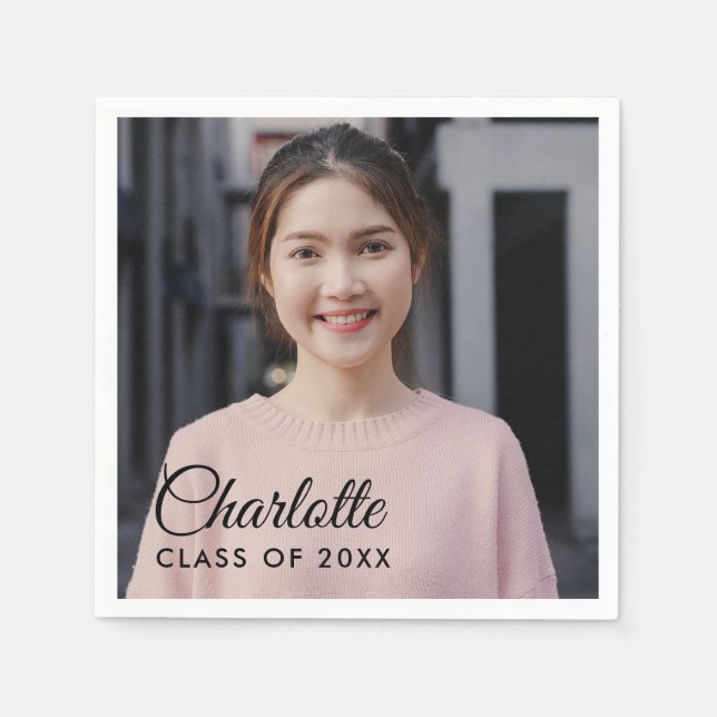 Serviette En Papier Nom de script simple Photo Graduation Party Napkin (Devant)