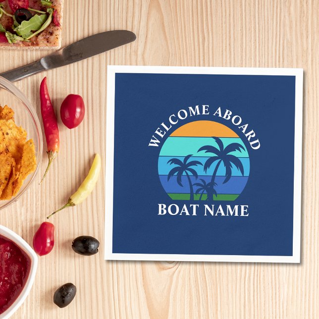Serviette En Papier Nom du bateau Sun Palm Trees Bienvenue à bord Bleu (Customize to change text size, style or background color.)