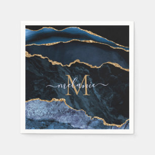Serviette En Papier Nom du monogramme Agate Marine Bleu Marbre d'or se