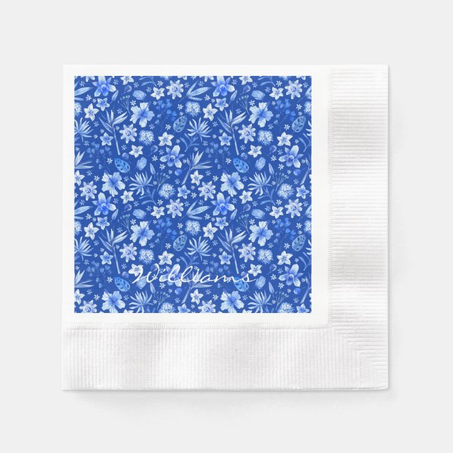 Serviette En Papier Nom Fleurs tropicales Cobalt Blue Coin Cocktail (Devant)