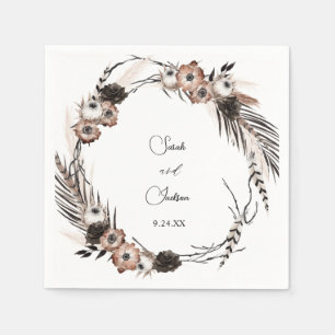 Serviette En Papier Nom Floral Boho Noir & Naturel