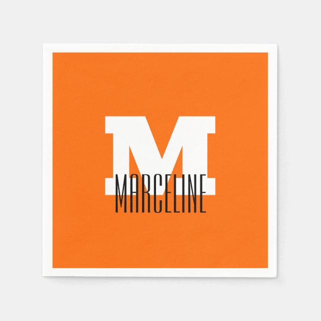 Serviette En Papier Nom moderne élégant Initial | Neon Sunset Orange (Devant)