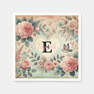 Serviette En Papier Nom monogramme Coeurs romantiques vintages rose fl
