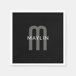 Serviette En Papier Nom Monogramme d'apparence moderne   Noir gris bla
