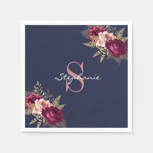 Serviette En Papier Nom personnalisé Monogramme rose Bourgogne Or Flor (Devant)