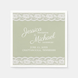 Serviette En Papier Noms de mariage à dentelle blanche vert sauge Date