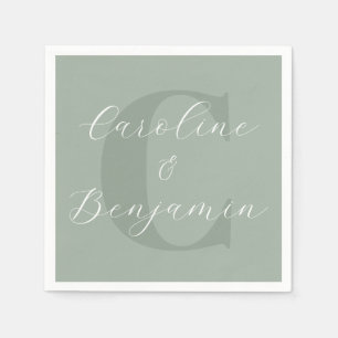 Serviette En Papier Noms de mariage chic en script monogramme vert sau