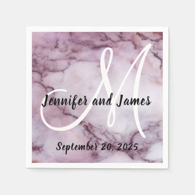Serviette En Papier Noms de Mariage de marbre violet Faux (Devant)