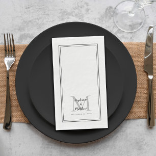 Serviette En Papier Noms de monogramme de mariage moderne & Date Noir