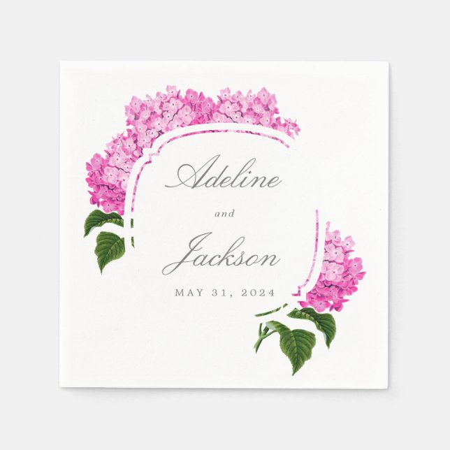 Serviette En Papier Noms des fleurs d'Hydrangea rose et date du Mariag (Devant)