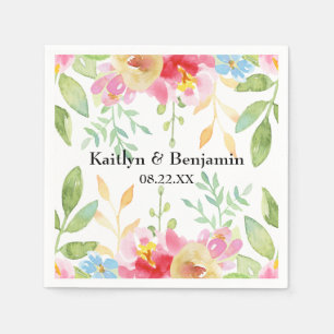 Serviette En Papier Noms et date avec des fleurs d'aquarelle colorées