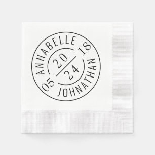 Serviette En Papier Noms et date du badge Mariage moderne en noir blan