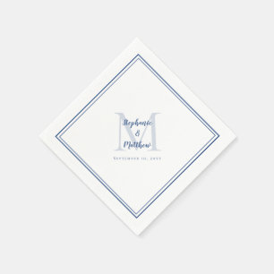 Serviette En Papier Noms et date Mariages modernes Monogramme Bleu
