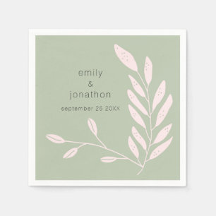 Serviette En Papier Noms Feuilles roses Date Mariage Sage Green