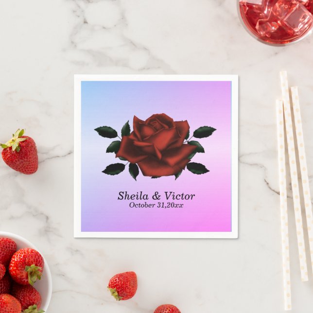 Serviette En Papier Noms gothiques Roses rouges Date Mariage violet se (En situation)