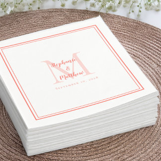 Serviette En Papier Noms Mariages modernes Date Monogram Coral Cocktai