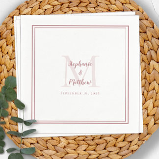 Serviette En Papier Noms Mariages modernes Date Monogramme Dusty Rose