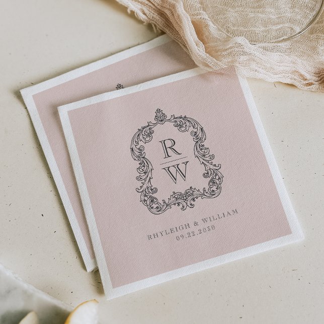 Serviette En Papier Noms vintages de crête de monogramme Mariage rose (Créateur téléchargé)