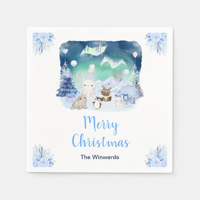 Serviette En Papier Northern Lights Arctic Animals Merry Christmas (Devant)
