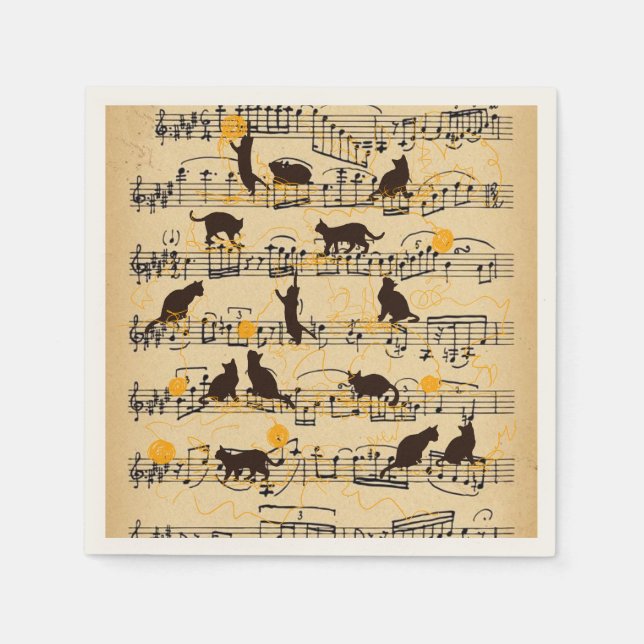 Serviette En Papier Notes musicales et chatons (Devant)