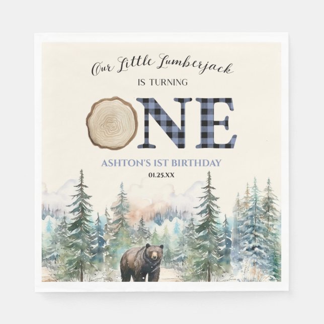 Serviette En Papier Notre petit bûcheron Ours Bleu 1er anniversaire fê (Devant)