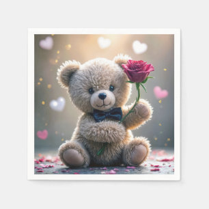 Serviette En Papier Nounours avec rose rouge