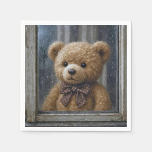 Serviette En Papier Nounours regardant par une fenêtre pluvieuse