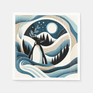 Serviette En Papier Nuit D'Hiver En Crème Bleue Forêt De Pingouins