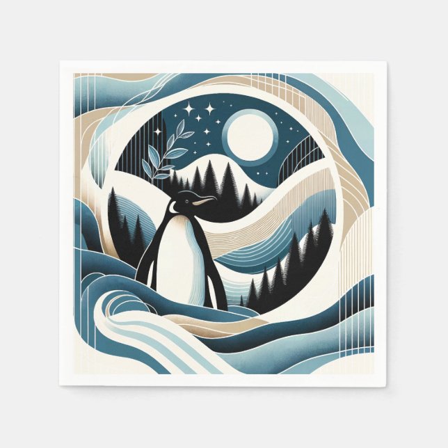 Serviette En Papier Nuit D'Hiver En Crème Bleue Forêt De Pingouins (Devant)
