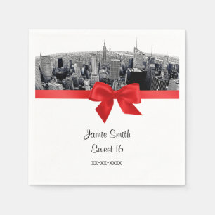 Serviette En Papier NYC Etched Fisheye Skyline BW Red Napkins