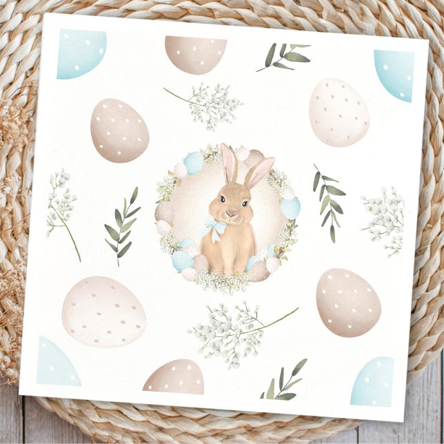 Serviette En Papier Oeufs de Pâques Bunny printemps blanc beige pastel (Easter Eggs Bunny Spring White Beige Pastel Blue Napkins)