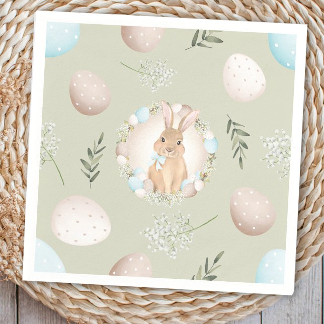 Serviette En Papier Oeufs de Pâques et Bunny Printemps Beige vert past (Easter Eggs and Bunny Spring Beige Green Pastel Napkins)