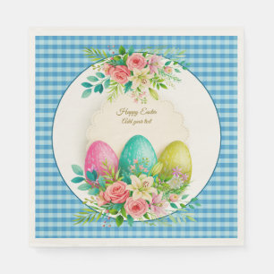 Serviette En Papier Œufs de Pâques floraux & Roses roses à l'aquarelle