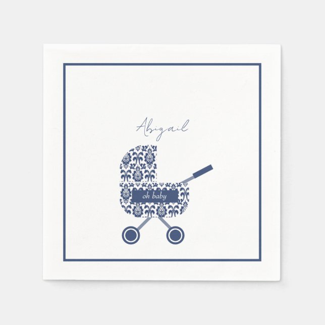 Serviette En Papier Oh Baby Navy Damask Pram Baby shower (Devant)
