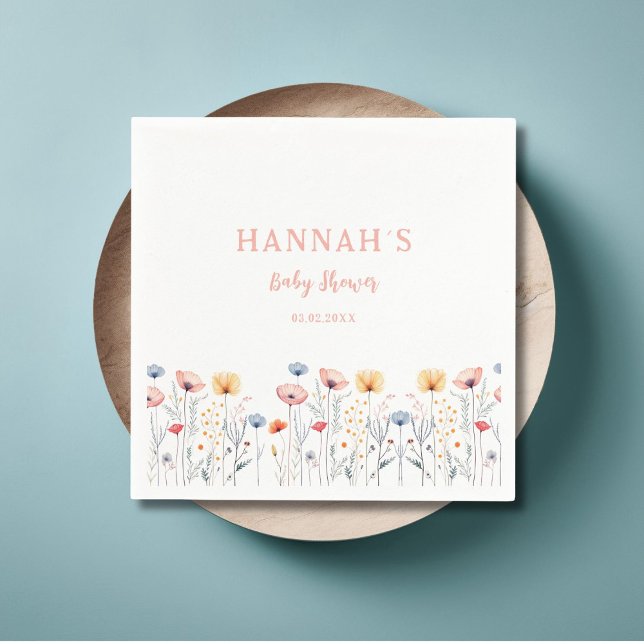 Serviette En Papier OH BÉBÉ ! Fleur sauvage frais | Baby shower blanc (OH BABY! Fresh Wildflower | White Baby Shower Napkins with your name and date.)
