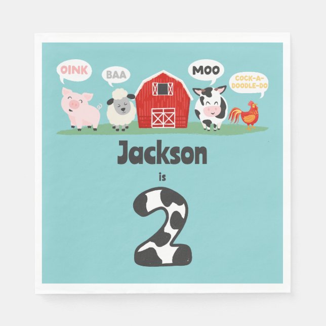 Serviette En Papier Oink Baa Moo 2e anniversaire ferme animaux enfants (Devant)