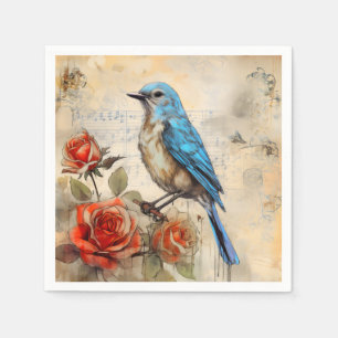 Serviette En Papier Oiseau bleu et Roses 1