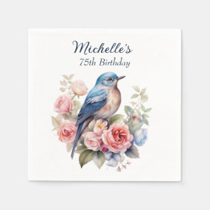 Serviette En Papier Oiseau Bleu Fleurs Roses 75e Anniversaire